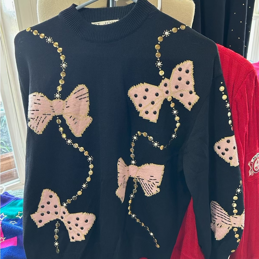 St. John Black Sweater with Pink Bow Accents